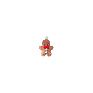 Close-up of resin gingerbread man pendant with red bow and silver loop for DIY crafts