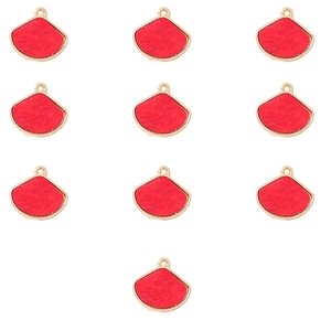 Set of 10 red enamel fan-shaped charms with gold-plated metal frames and hanging loops