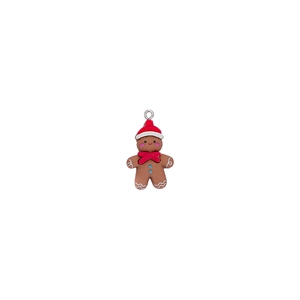 Macro view of cute resin gingerbread man charm with red Santa hat and metal ring