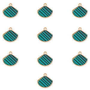 Detail view of 10-piece luxury gold-plated fan-shaped alloy charms with green striped enamel