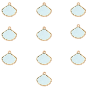 Detail of 10 light blue fan-shaped alloy charms with gold edges for DIY jewelry