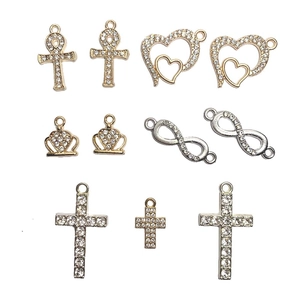 Alloy zircon heart and crown charms set in gold and silver finish for DIY jewelry