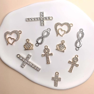 Silver alloy heart and crown charms with cubic zirconia for DIY jewelry necklace