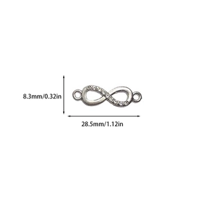 Silver infinity connector pendant with zircon inlay and dimensions 8.3mm by 28.5mm