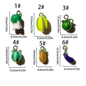 Size chart showing dimensions of 3D vegetable and fruit enamel charms for DIY jewelry