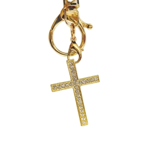 Vintage golden alloy cross keychain with zircons and lobster clasp for bag decoration