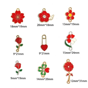 Red enamel flower and heart charms set in gold alloy for DIY jewelry and ear accessories