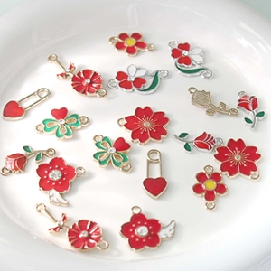 Red enamel cherry blossom and rose flower charms for DIY jewelry making sets