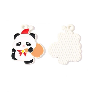 Close-up of cartoon panda charms with red hats and textured metal backing for DIY jewelry