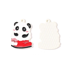 Detailed view of both sides of a cartoon panda enamel charm with a red accent