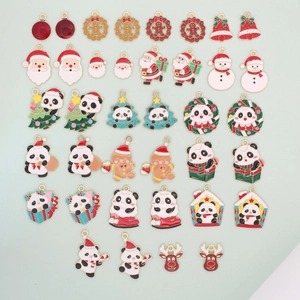 Christmas enamel charms collection with panda, Santa Claus, reindeer, and bells in festive gold