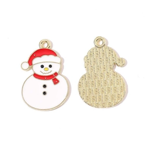 Detailed front and back view of a Christmas snowman alloy pendant with red enamel finish