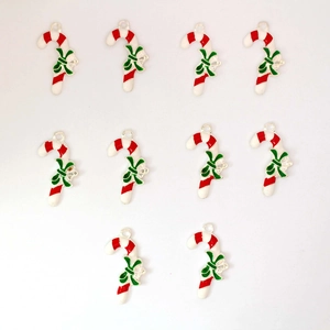 Christmas candy cane pendants set of 10 with red white stripes and green bow