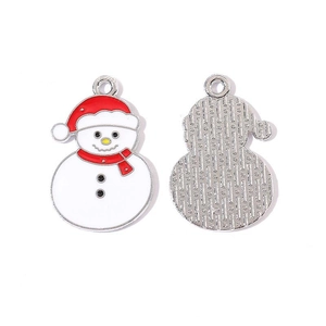 Detailed front and back view of Christmas snowman charms with colorful enamel finish
