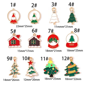 Detailed view of 12 Christmas alloy pendants with dimensions for DIY jewelry making