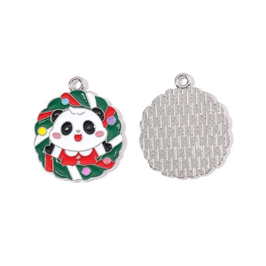 Christmas enamel panda charm in a green holiday wreath for DIY jewelry making