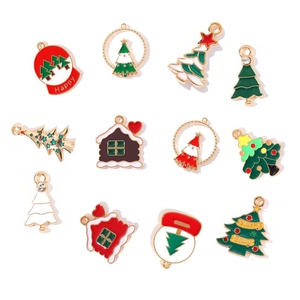 Christmas themed alloy enamel charms set featuring colorful trees and houses for DIY jewelry