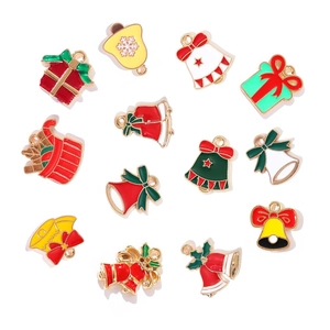 Set mit 12 weihnachtlichen Glocken- und Geschenkbox-Anhängern aus Emaille für DIY-Schmuck
