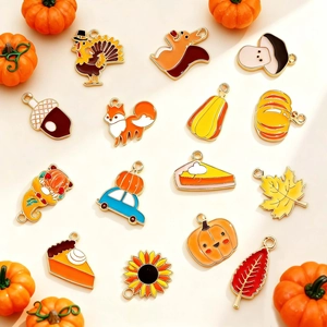 Pendentifs de Thanksgiving en Alliage Émail Goutte d'Huile pour Fabrication DIY de Boucles d'Oreilles Colliers Porte-Clés Dinde Citrouille Feuille d'Érable Accessoires Bijoux