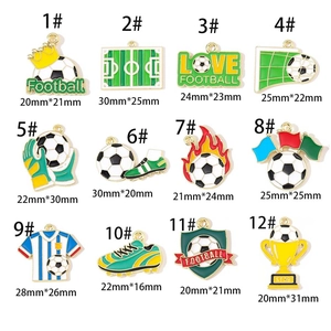 Macro detail of 12 distinct football-themed enamel alloy charms for DIY jewelry and keychains