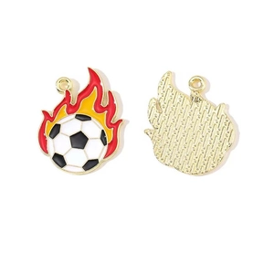 Detail of soccer flame enamel pendant showing front drip oil pattern and textured back