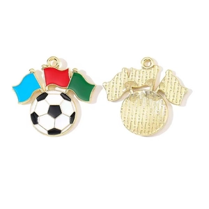 Detailed front and back view of alloy soccer ball pendants with tricolor flags and gold finish