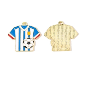 Detailed front and back of Argentina style blue and white enamel soccer jersey charm