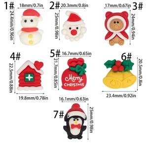 Tabla de tallas detallada para dijes navideños de resina con diseños de Papá Noel y muñeco de nieve