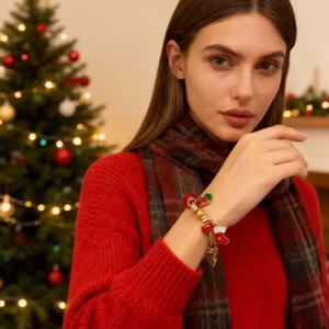 Christmas beaded bracelet with tree and bell charms worn by model in holiday setting