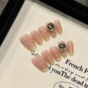 Handmade Champagne Pink Gradient Press On Nails Elegant Luxury Rhinestone Artificial Pearl Decor Oval Reusable Glue On False Nails For Women