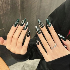 Handmade Green and Black Stiletto Press-on Nails with Silver Snake and Chain Accents