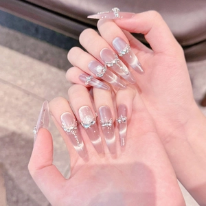 Handmade Cat Eye Press On Nails Pink Purple Rose 3D Relief Rhinestone Long Stiletto Almond Fake Nails Luxury Party Wedding Women