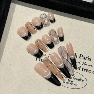 Handmade Press On Nails French Black Tip Plaid Polka Dot Nude Pink Coffin Stiletto Long Fake Nails With Silver Glitter Line