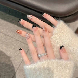 French black border press-on nails with vintage dots and silver grid patterns