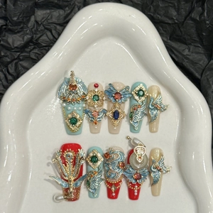 Handmade Chinese Style Dragon Phoenix Luxury Press On Nails Long Trapezoid Bridal Wedding Resin Jewelry Rhinestone Fake Nails