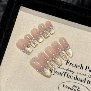 Luxury French Cat Eye Press On Nails With Artificial Pearl Rhinestone Nude Pink Champagne Gold Handmade False Nails For Women Decoration
