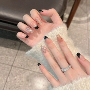 French style black-edged coffin press-on nails with dot and diamond lattice patterns