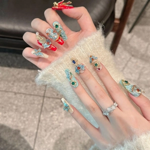 Exquisite handmade Chinese dragon and phoenix press-on nails with 3D relief and gems
