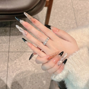 French style nude and black tip press-on nails with dotted and plaid patterns
