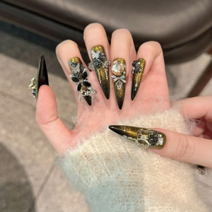 Handmade Gothic Black and Gold Cat Eye Press-on Nails with Butterfly and Rose Charms