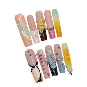 Handmade coffin press-on nails with 3D lotus flower, rhinestones and leopard print designs