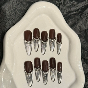 Handmade Stiletto Press On Nails Dark Brown Silver Cat Eye Gradient Rhinestone Bow False Nails For Women Galaxy Style