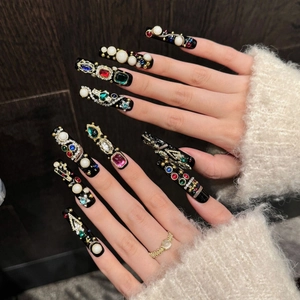 Luxurious long square press-on nails with multi-color rhinestones on black base