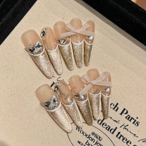 Handmade Champagne Gold Cat Eye Press On Nails Long Stiletto Shape With White French Tip 3D Fabric Bow Rhinestone Luxury Fake Nails