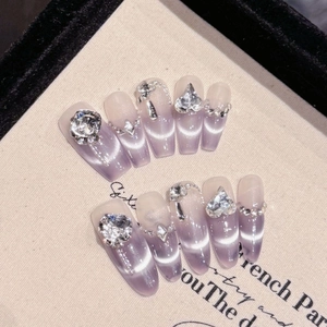 Handmade Purple Cat Eye Press On Nails Luxury Rhinestone Heart Decor Alloy Chain Elegant Artificial Nails For Women