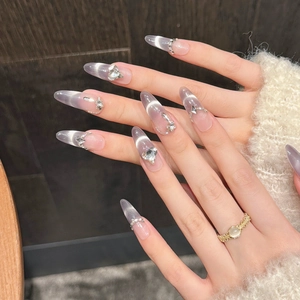 French taro purple cat eye press-on nails with k9 crystals and silver chain accents