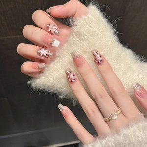 Long coffin press-on nails with red blush gradient and fireworks cat eye silver glitter