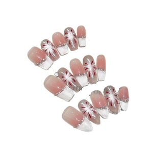 Long trapezoid press-on nails with pink gradient, white french tips and firework patterns