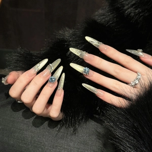 Champagne cat eye gradient long stiletto press-on nails with luxury rhinestones and gems