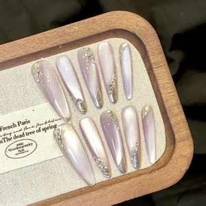Handmade Lavender Cat Eye Press On Nails Long Stiletto Purple Gradient French Design Rhinestones Reusable Artificial Nails For Women